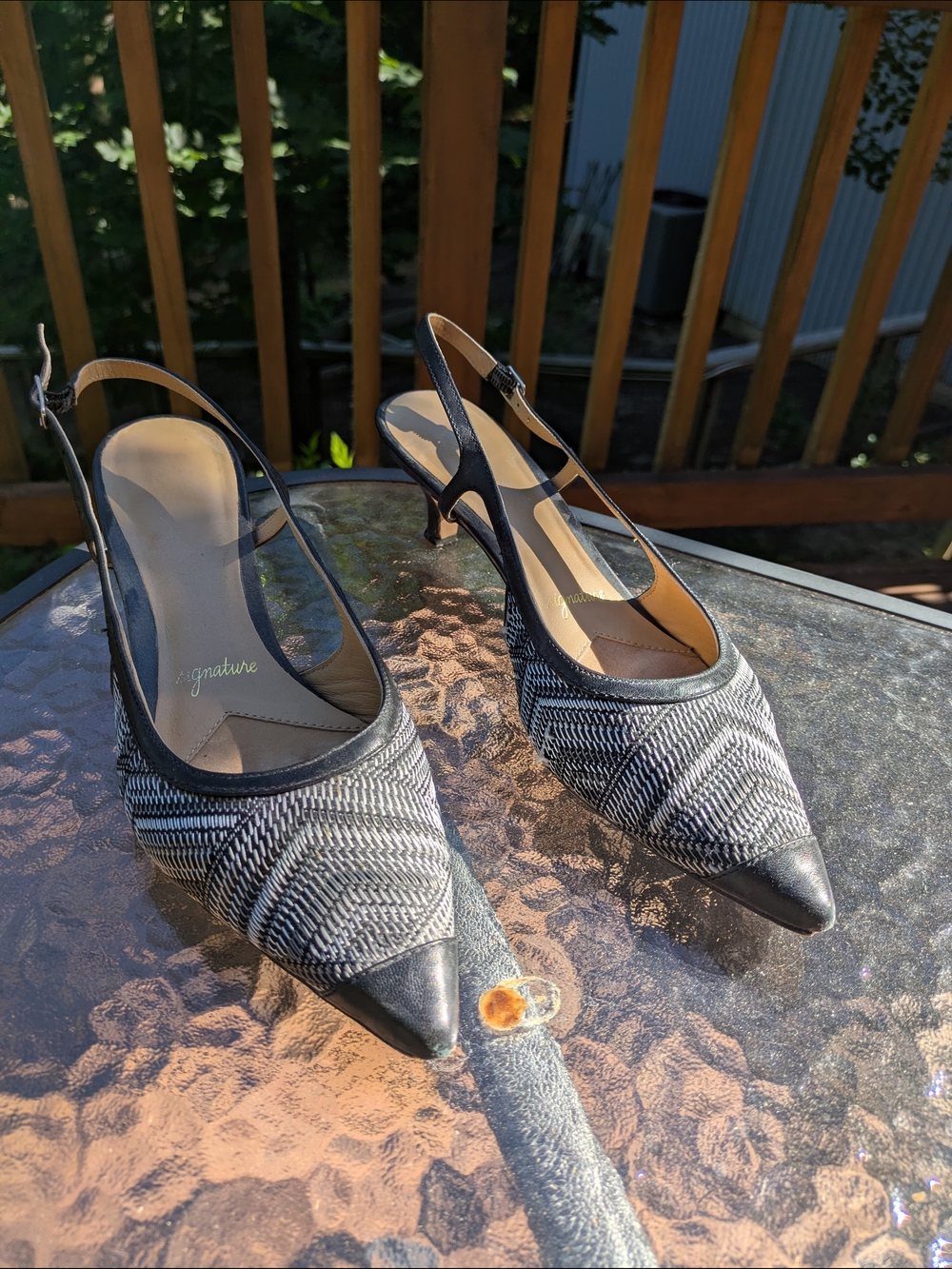 Trotters Signature Leather and Fabric Pointed Slingback Kitten Heels
